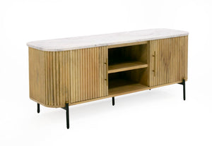 VIG Furniture Cambridge Carrara Marble Top Tv Stand With Mango Wood Base, Brass Handles, 2 Cabinets, 55" Fit VGEDRID118002-TV