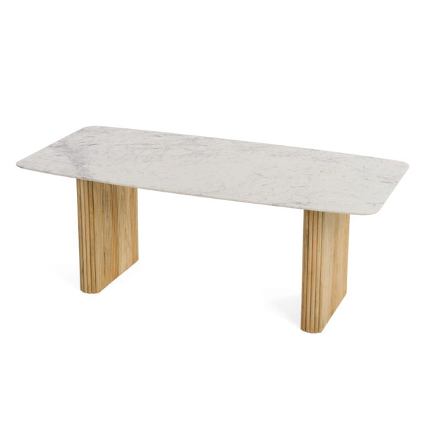 VIG Furniture Cambridge Carrara Marble Rectangular Dining Table With White‑Wash Mango Double Pedestal Base, Seats 6 VGEDRID120004-RCT