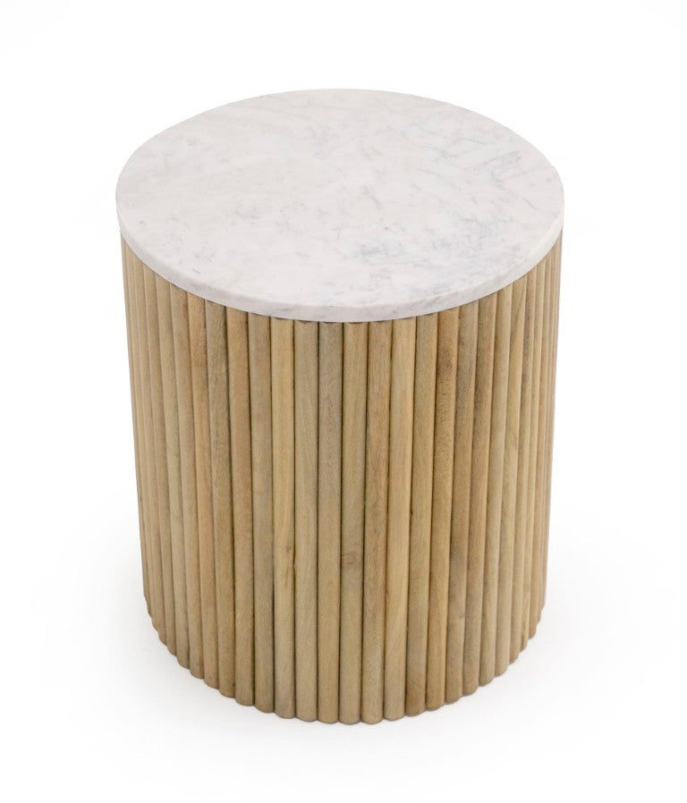 VIG Furniture Cambridge Carrara Marble Top & Sculptural Mango Trestle End Table, 16" Round, No Assembly, Luxe Accent VGEDRID104009-ET