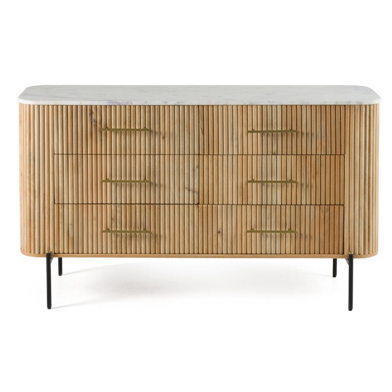 VIG Furniture Cambridge Marble-Top Mango Dresser With Brass Handles, Soft-Closing Drawers & Black Metal Legs VGED-RID112410
