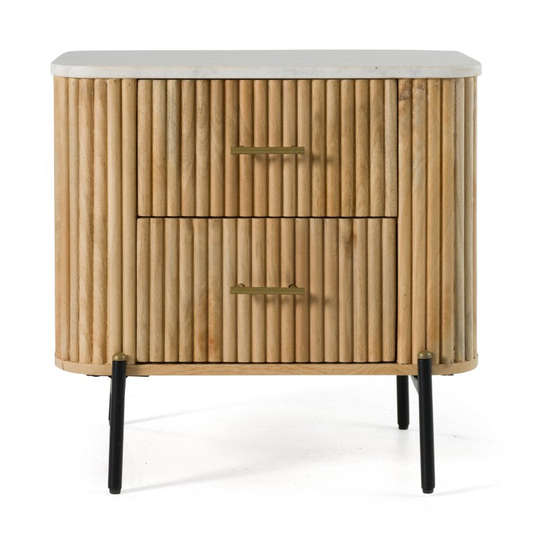 VIG Furniture Cambridge White Marble Nightstand With Mango Wood, Brass Handles & Black Metal Legs, 2 Drawers, Soft-Close VGED-RID104711