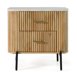 VIG Furniture Cambridge White Marble Nightstand With Mango Wood, Brass Handles & Black Metal Legs, 2 Drawers, Soft-Close VGED-RID104711