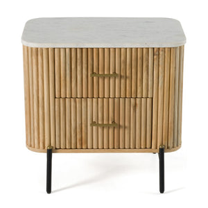 VIG Furniture Cambridge White Marble Nightstand With Mango Wood, Brass Handles & Black Metal Legs, 2 Drawers, Soft-Close VGED-RID104711