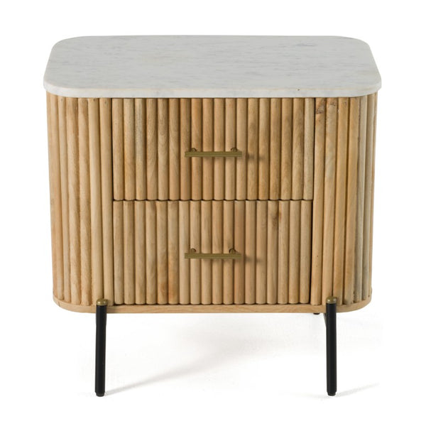 VIG Furniture Cambridge White Marble Nightstand With Mango Wood, Brass Handles & Black Metal Legs, 2 Drawers, Soft-Close VGED-RID104711