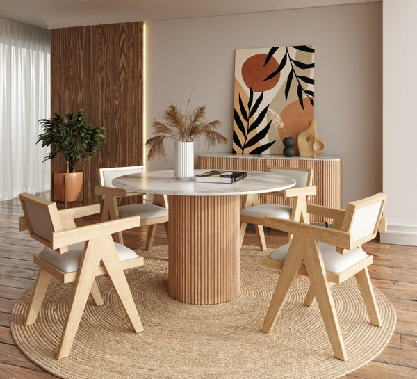 VIG Furniture Cambridge Carrara Marble Round Dining Table With White‑Wash Mango Pedestal — Seats 4, Modern Elegance VGEDRID112011-RNDDT