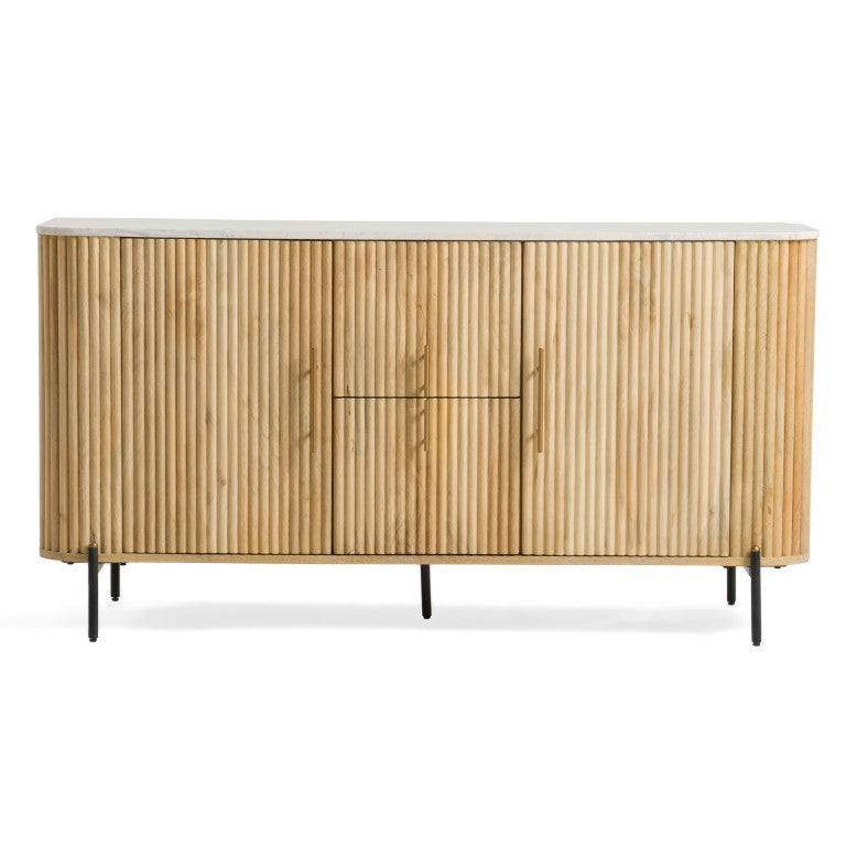 VIG Furniture Cambridge Carrara Marble Top Buffet With White‑Washed Mango Wood, Brass Hardware & Black Legs VGEDRID118001-BUF