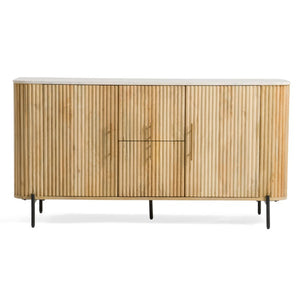 VIG Furniture Cambridge Carrara Marble Top Buffet With White‑Washed Mango Wood, Brass Hardware & Black Legs VGEDRID118001-BUF