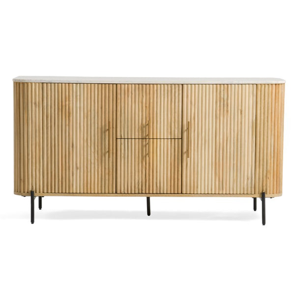 VIG Furniture Cambridge Carrara Marble Top Buffet With White‑Washed Mango Wood, Brass Hardware & Black Legs VGEDRID118001-BUF
