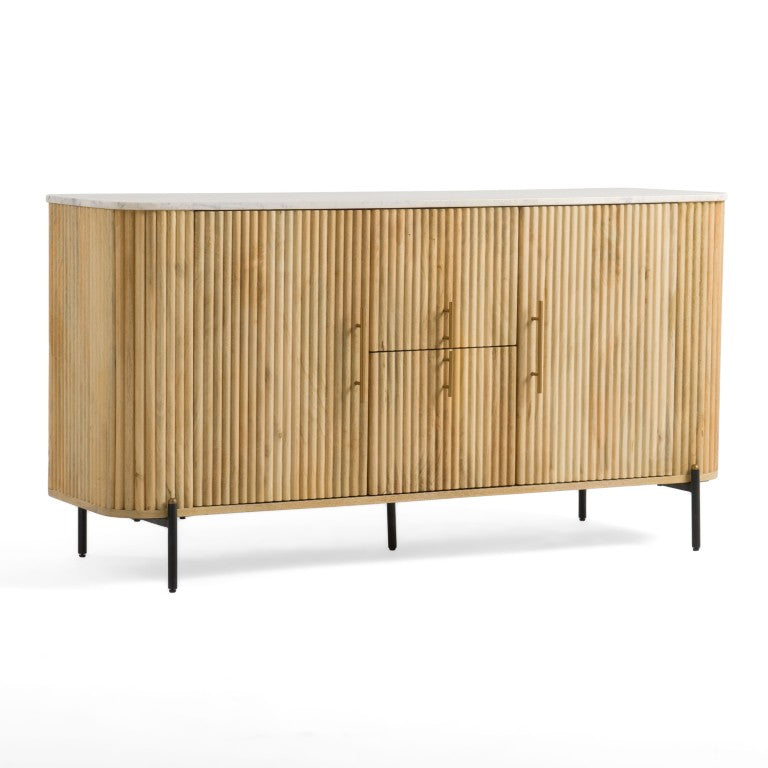 VIG Furniture Cambridge Carrara Marble Top Buffet With White‑Washed Mango Wood, Brass Hardware & Black Legs VGEDRID118001-BUF