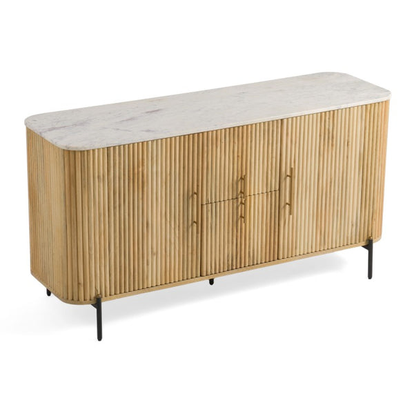 VIG Furniture Cambridge Carrara Marble Top Buffet With White‑Washed Mango Wood, Brass Hardware & Black Legs VGEDRID118001-BUF