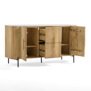 VIG Furniture Cambridge Carrara Marble Top Buffet With White‑Washed Mango Wood, Brass Hardware & Black Legs VGEDRID118001-BUF