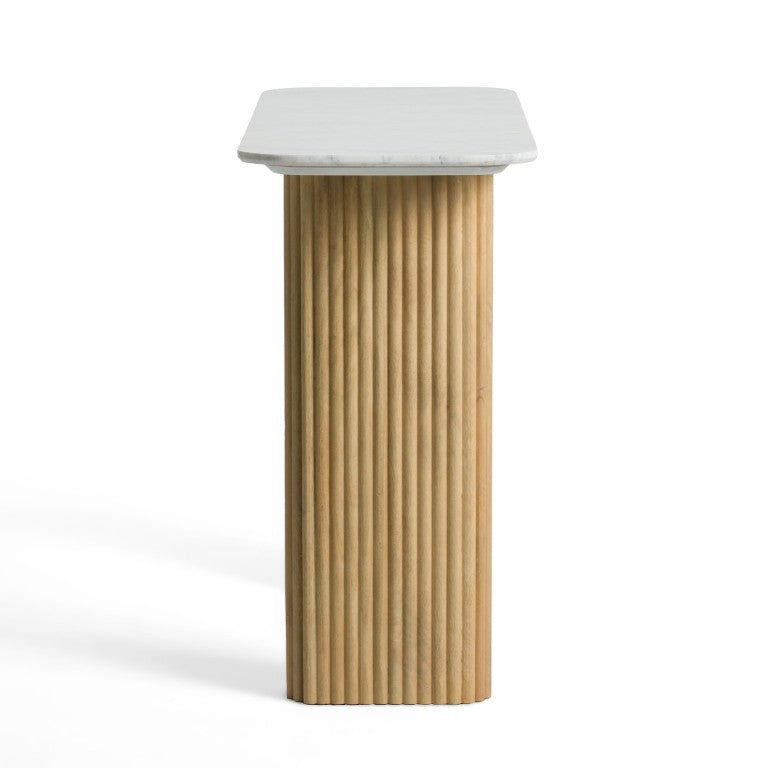 VIG Furniture Cambridge Carrara Marble Top Console With White-Wash Mango Wood Double Pedestal Base, Sculptural Entryway Statement (98) VGEDRID112007-CON