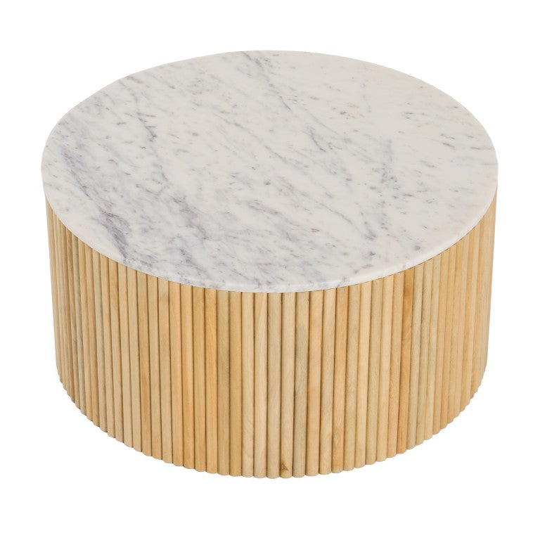 VIG Furniture Cambridge Round Carrara Marble Coffee Table With White‑Wash Mango Wood Drum Base, Ready‑To‑Use (31.5") VGEDRID108008-CT