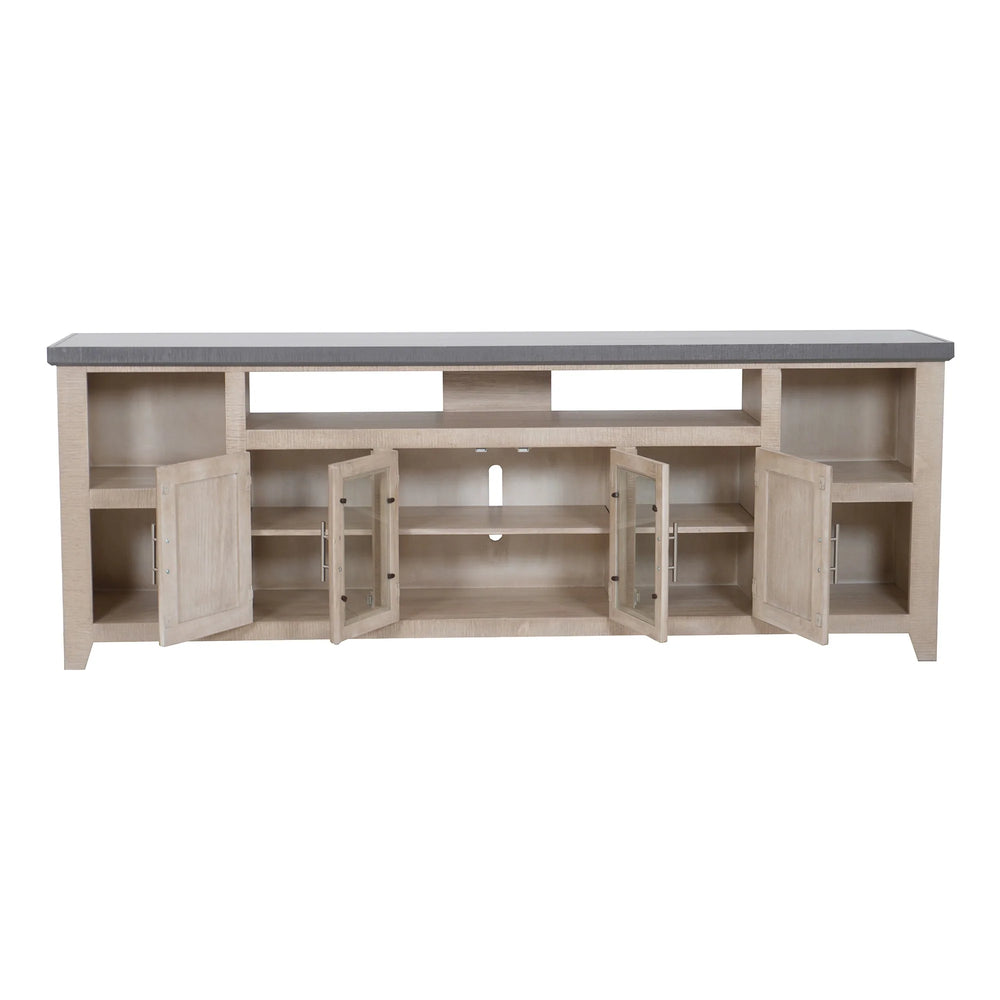 Origins Camden Coastal Media Console Wide Pine Build Grey Glaze Finish Open Shelf Storage HG9500-20GRY