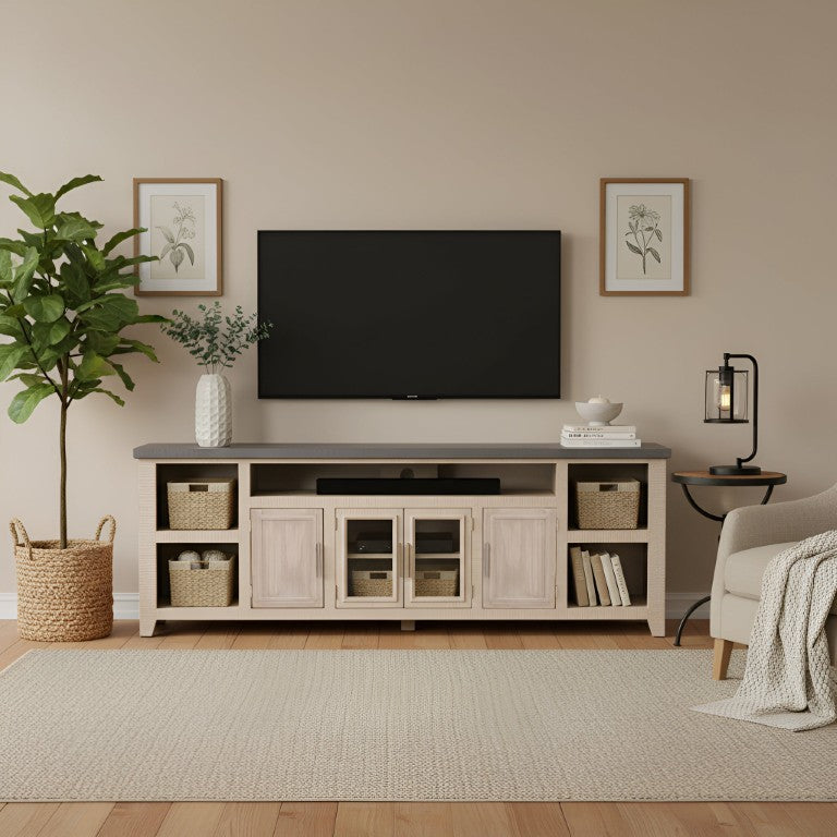 Origins Camden Extra-Wide Two-Tone TV Console with Driftwood Finish, Slate Top, Cable Management & Storage HG9500-20