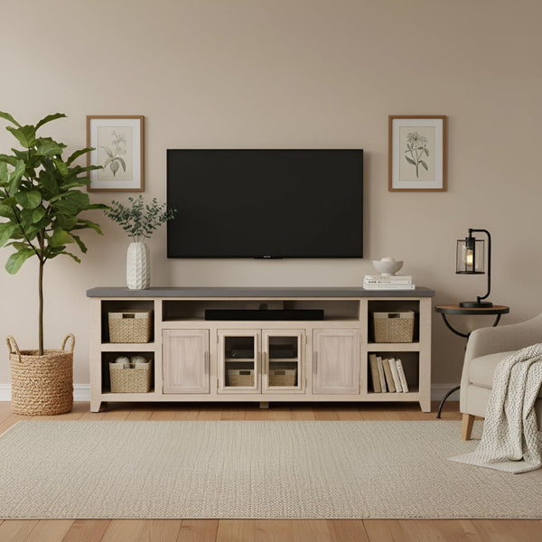 Origins Camden Extra-Wide Two-Tone TV Console with Driftwood Finish, Slate Top, Cable Management & Storage HG9500-20