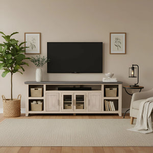 Origins Camden Coastal Media Console Wide Pine Build Grey Glaze Finish Open Shelf Storage HG9500-20GRY