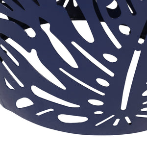 English Elm Metal Cylindrical Accent Table Powder Coated Iron with Tropical Palm Leaf Lattice Design Navy Blue 73613.00NBLU