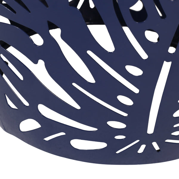 English Elm Metal Cylindrical Accent Table Powder Coated Iron with Tropical Palm Leaf Lattice Design Navy Blue 73613.00NBLU