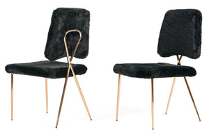 VIG Furniture Candace Plush Black Faux Fur Dining Chairs Set Of 2 With Rose Gold Legs, Sculptural Modern Glam Seating VGVCB815-BLK