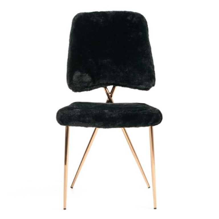 VIG Furniture Candace Plush Black Faux Fur Dining Chairs Set Of 2 With Rose Gold Legs, Sculptural Modern Glam Seating VGVCB815-BLK