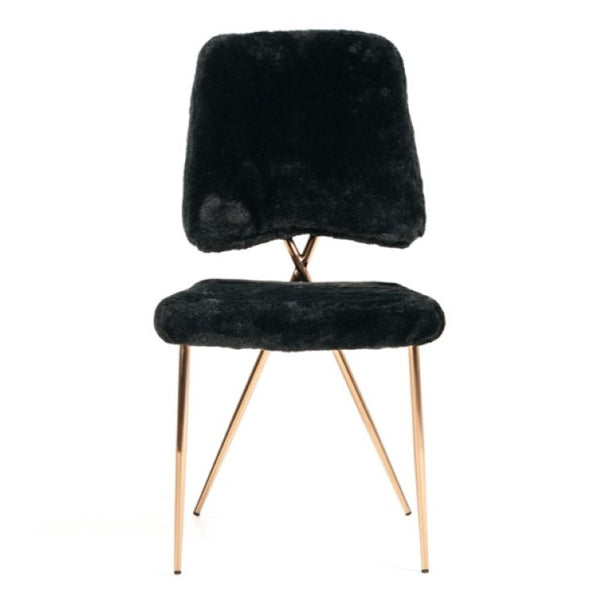 VIG Furniture Candace Plush Black Faux Fur Dining Chairs Set Of 2 With Rose Gold Legs, Sculptural Modern Glam Seating VGVCB815-BLK