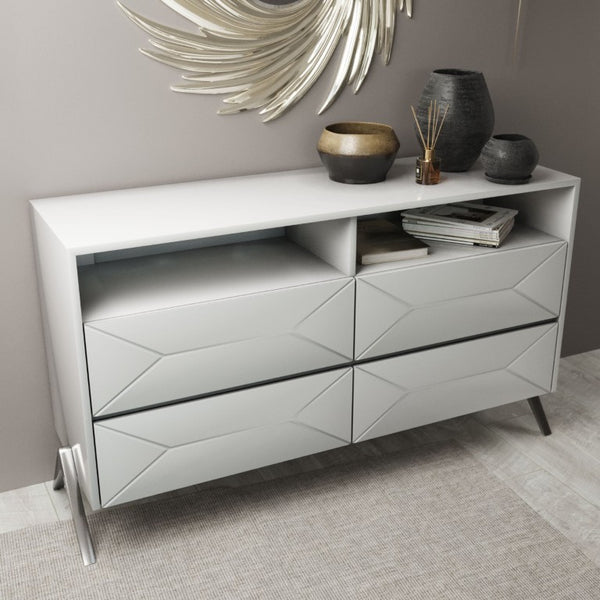 VIG Furniture Candid Modern White Dresser With High-Gloss Finish, 4 Drawers, Open Niches & Stainless Legs — Sleek Storage VGVCJ1109-D