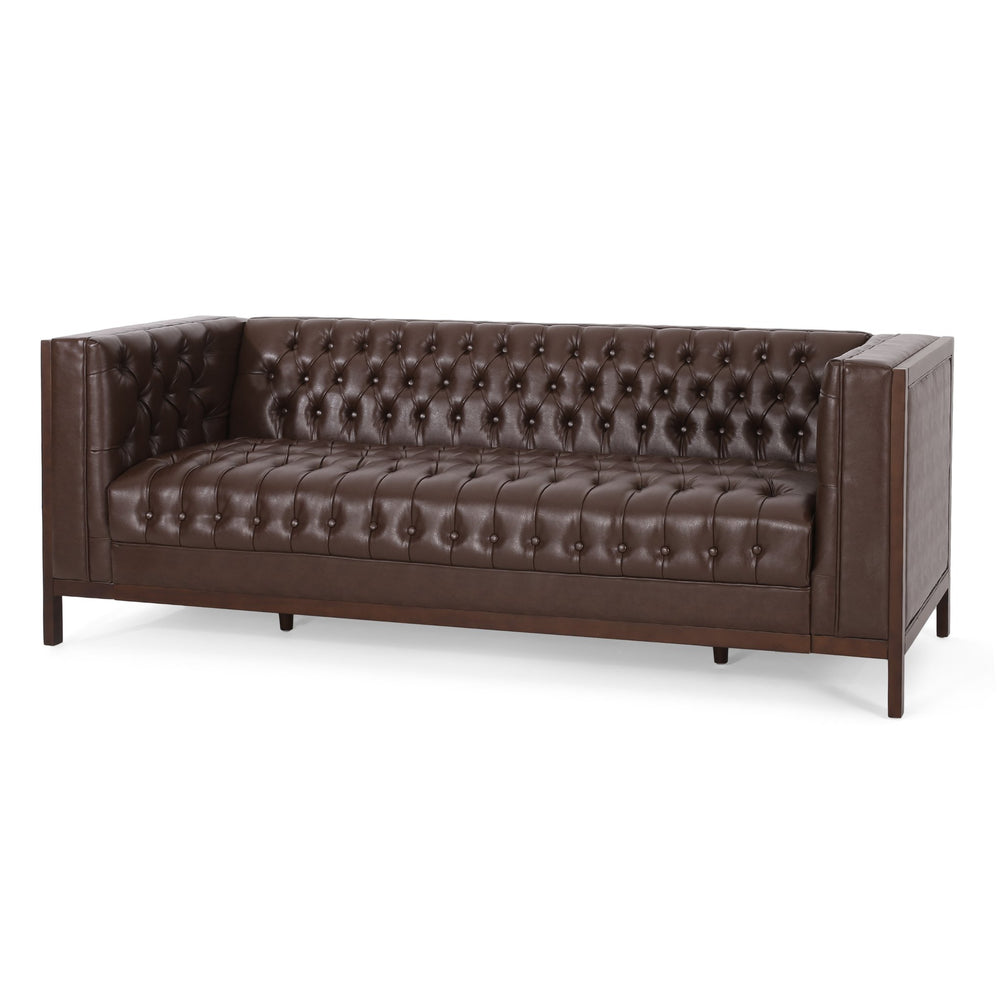 English Elm Christopher Knight Home® - 3 Seater Sofa - Contemporary Mid-Century Design With Button-Tufted Comfort, Dark Brown Pu Upholstery 72144.00ADBRN_72144.00BDBRN