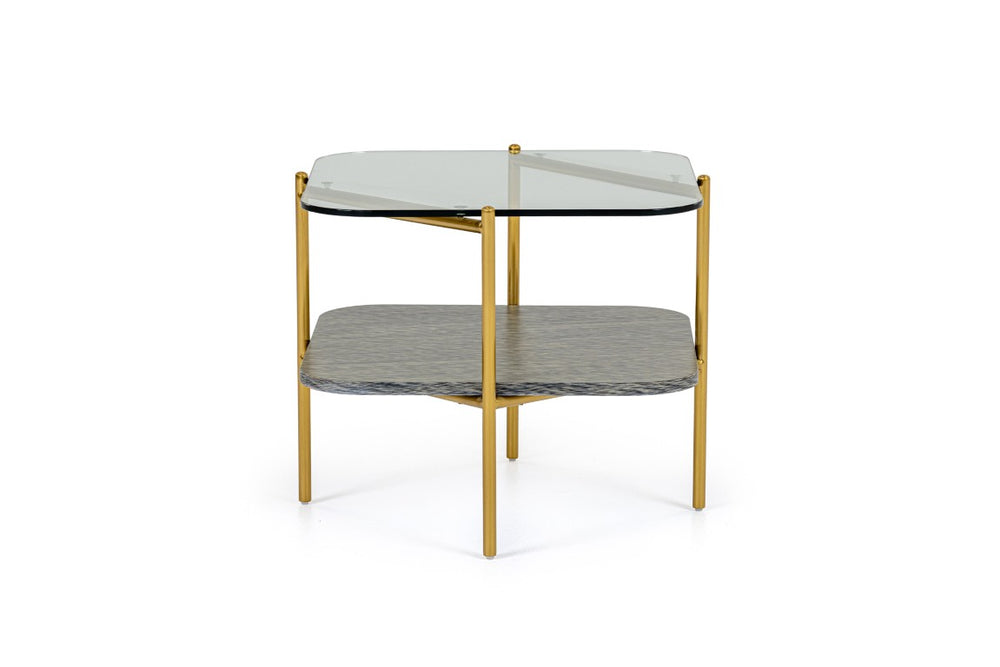 VIG Furniture Cari Glam Glass End Table With Brushed Gold Geometric Base, 23.6" Square Top For Luxury Living Rooms VGODLZ-247E-GOLD-ET
