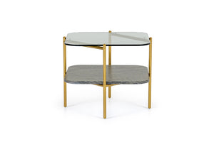 VIG Furniture Cari Glam Glass End Table With Brushed Gold Geometric Base, 23.6" Square Top For Luxury Living Rooms VGODLZ-247E-GOLD-ET