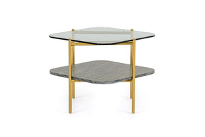 VIG Furniture Cari Glam Glass End Table With Brushed Gold Geometric Base, 23.6" Square Top For Luxury Living Rooms VGODLZ-247E-GOLD-ET