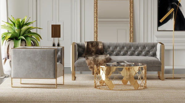 VIG Furniture Carlos Luxe Grey Velvet Sofa With Gold Legs — Chesterfield Tufting, Deep Cushions, No Assembly VGRH-SF-311-T-GRY