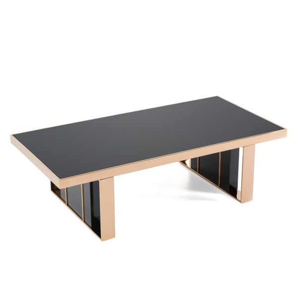 VIG Furniture Cartier Sleek Black High-Gloss Coffee Table With Rosegold Frame & Tempered Glass Top, 55"W X 16"H VGVCCT-A002