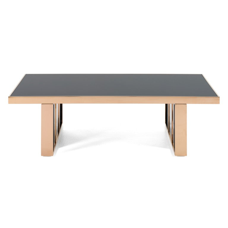 VIG Furniture Cartier Sleek Black High-Gloss Coffee Table With Rosegold Frame & Tempered Glass Top, 55"W X 16"H VGVCCT-A002