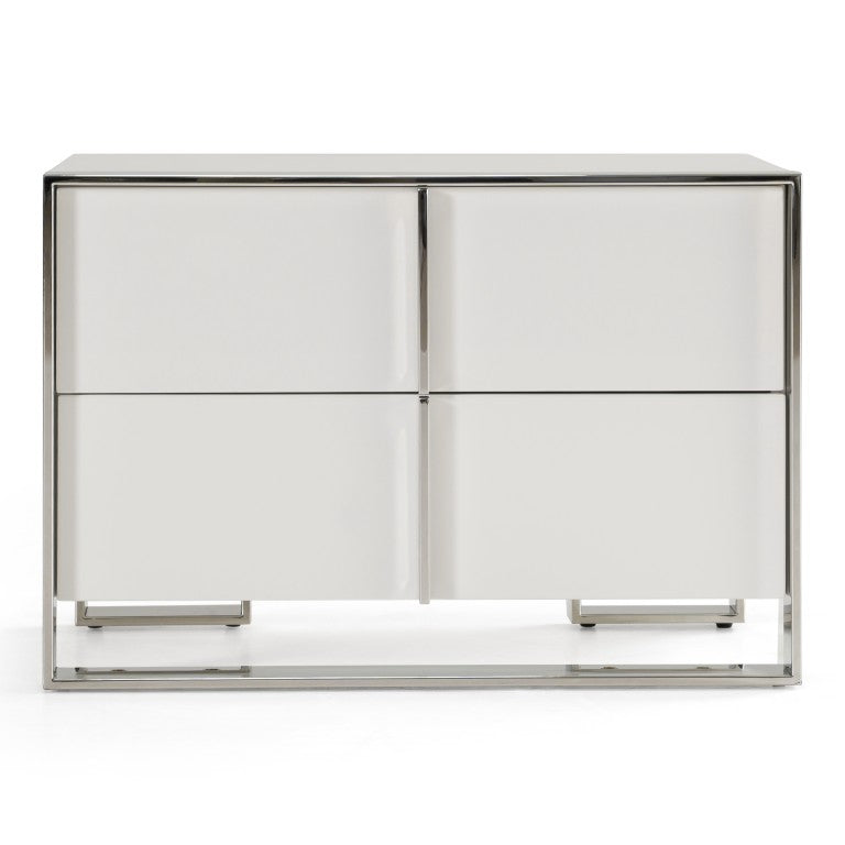 VIG Furniture Cartier Modern White Nightstand With Polished Stainless Steel Frame, Soft-Closing Drawers, Compact VGVC-NA002-WHT