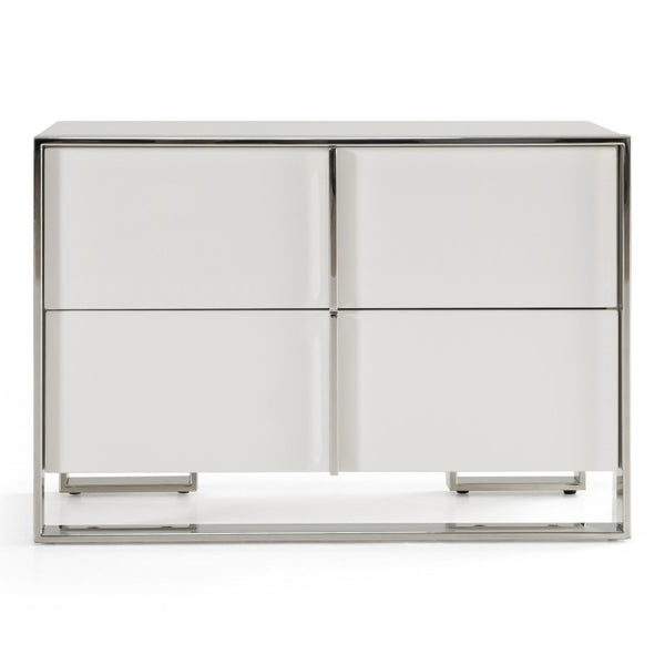 VIG Furniture Cartier Modern White Nightstand With Polished Stainless Steel Frame, Soft-Closing Drawers, Compact VGVC-NA002-WHT