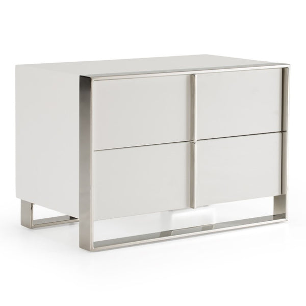 VIG Furniture Cartier Modern White Nightstand With Polished Stainless Steel Frame, Soft-Closing Drawers, Compact VGVC-NA002-WHT