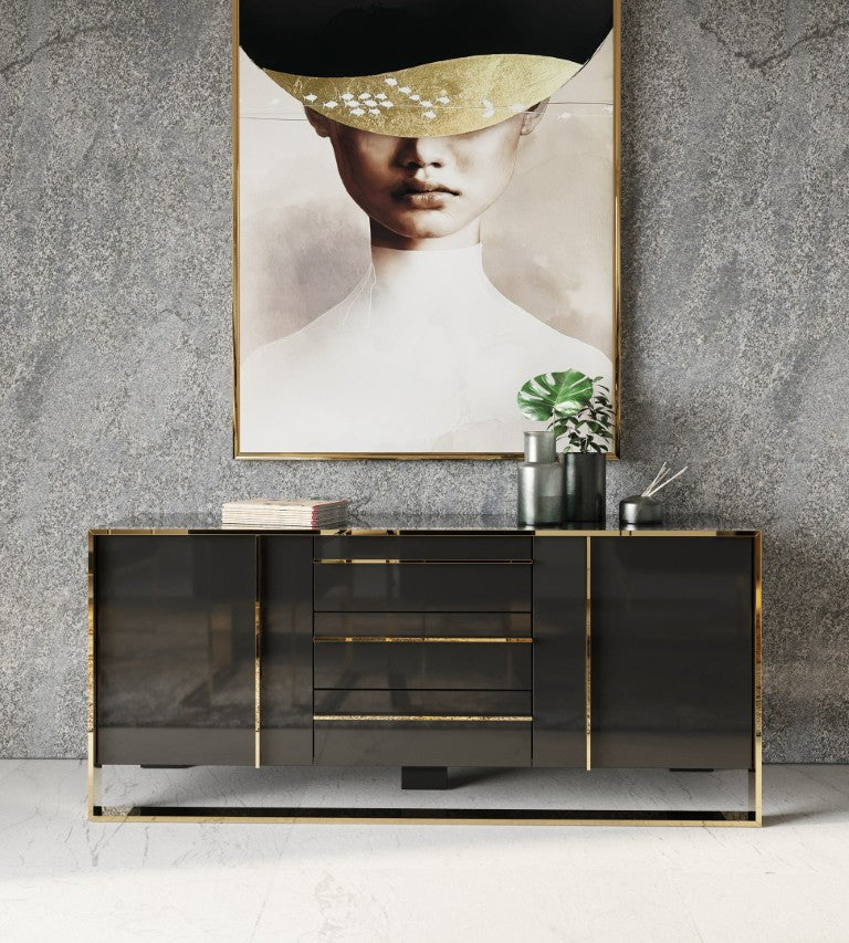 VIG Furniture Cartier High-Gloss Black Buffet With Brushed Rosegold Frame, Smooth Drawers & Ample Storage (W71") VGVCG-A002