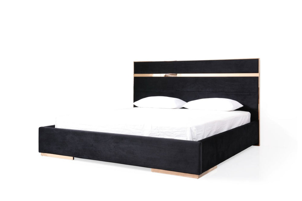 VIG Furniture Cartier Black Velvet Queen Bed Set With Rose Gold Trim, High-Gloss Frame & 2-Drawer Nightstands VGVCBD-A002-BLK-BED-2NS-SET-Q