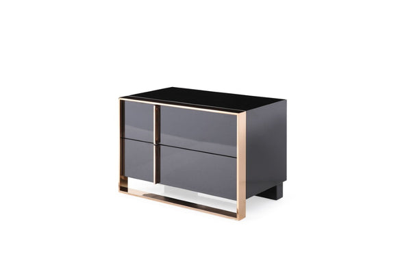 VIG Furniture Cartier Black Velvet Queen Bed Set With Rose Gold Trim, High-Gloss Frame & 2-Drawer Nightstands VGVCBD-A002-BLK-BED-2NS-SET-Q