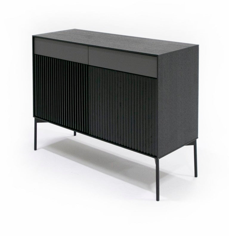VIG Furniture Casper Mid-Century Black Oak Buffet Console With Slatted Veneer, Industrial Metal Legs, Storage (43"W) VGDW-J9696-BLK