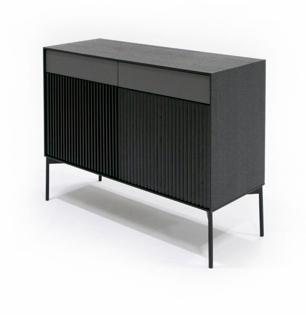 VIG Furniture Casper Mid-Century Black Oak Buffet Console With Slatted Veneer, Industrial Metal Legs, Storage (43"W) VGDW-J9696-BLK