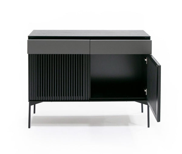VIG Furniture Casper Mid-Century Black Oak Buffet Console With Slatted Veneer, Industrial Metal Legs, Storage (43"W) VGDW-J9696-BLK