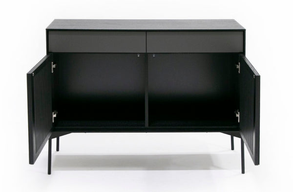 VIG Furniture Casper Mid-Century Black Oak Buffet Console With Slatted Veneer, Industrial Metal Legs, Storage (43"W) VGDW-J9696-BLK