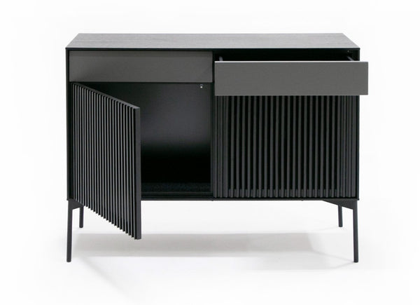 VIG Furniture Casper Mid-Century Black Oak Buffet Console With Slatted Veneer, Industrial Metal Legs, Storage (43"W) VGDW-J9696-BLK