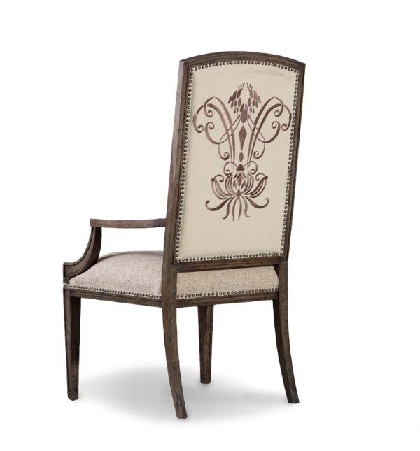 Hooker Furniture Rhapsody Insignia Arm Chair — Walnut Reclaimed Finish, Embroidered Backrest, Aurora Ecru Upholstery, Versatile Elegance 5070-75400