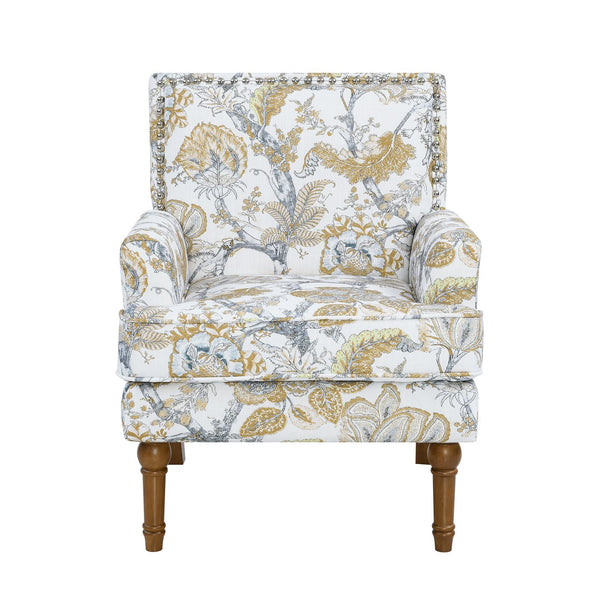 English Elm Accent Slipper Chair Botanical Tapestry Upholstery Nailhead Trim Solid Wood Legs Farmhouse Earthy Yellow W5568P445701