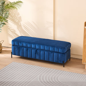 English Elm 49.21" Wide Velvet Upholstered Storage Bench with Lift Top and Slim Metal Legs Navy W3118P272644