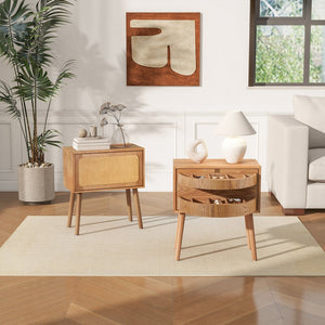 English Elm Rotating Rattan Nightstand Push Open Hidden Storage Mid Century Wood Leg Bedside Natural N761P288451M