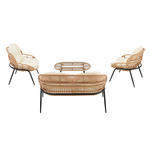 English Elm Pine 4-Piece Conversation Set with UV-Resistant Waterproof Fabric, Removable Cushions & Glass Top Cream B365P397657